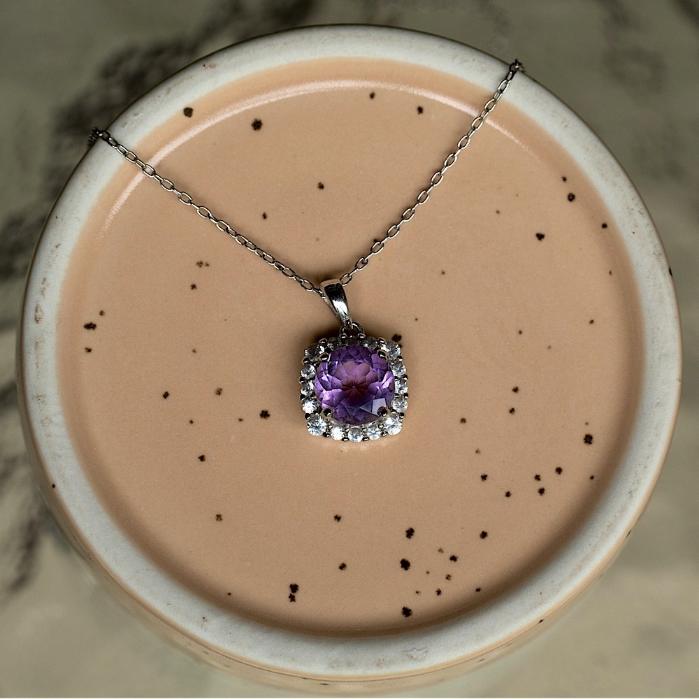 Amethyst and diamond accent sterling silver square necklace